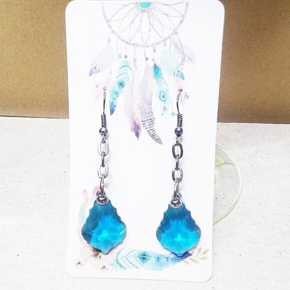 Fancy Cut Glass Drop Earrings - Blue & GunMetal Black! Edgy + Sexy Chandeliers - Picture 1 of 8